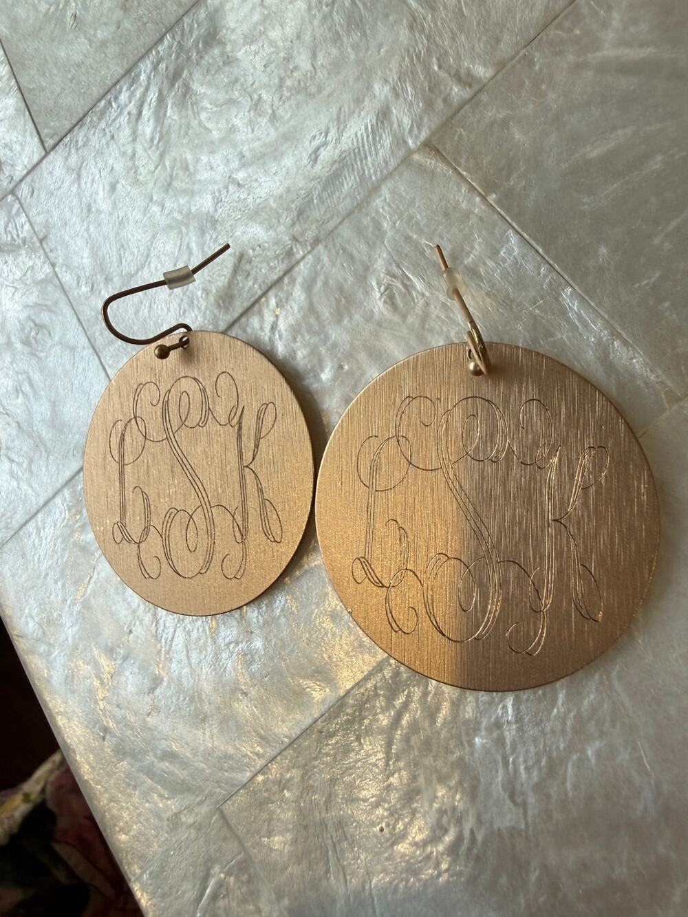 Hand Picked Monogrammed LSK Round
Gold Tone Dangle Earrings NWT Beautiful